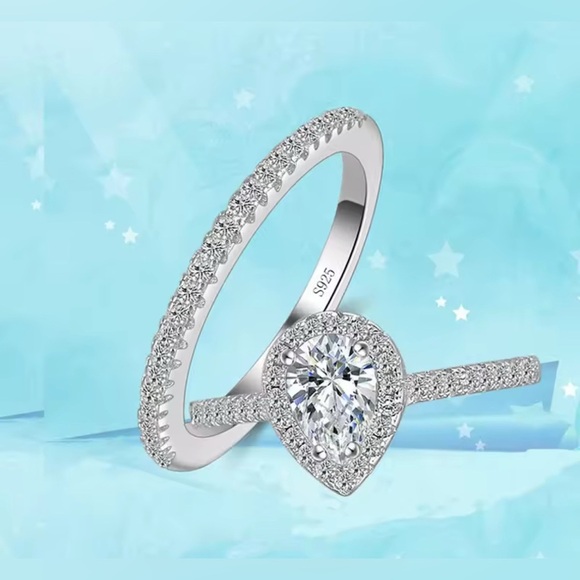 NIB S925 Sterling Silver & CZ Diamond Teardrop Engagement Wedding Ring Set - Picture 7 of 11